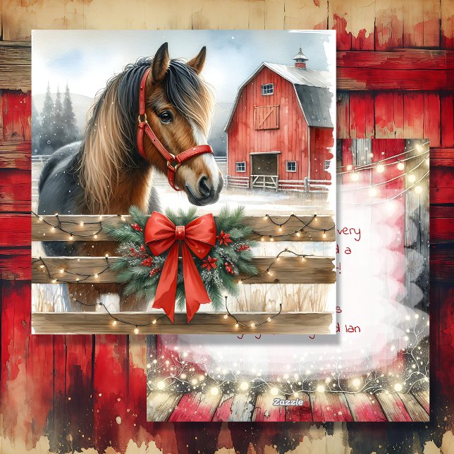 Cartes Pour Fêtes Annuelles Cheval de fête et grange rustique rouge Noël (Créateur téléchargé)