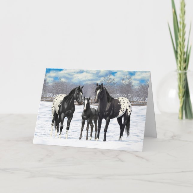 Cartes Pour Fêtes Annuelles Cheval De L'Appaloosa Noir En Neige (Devant)