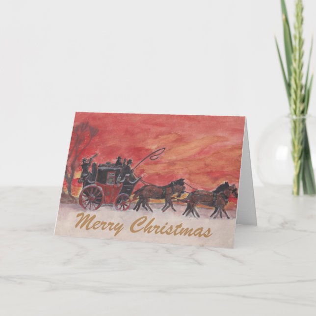Cartes Pour Fêtes Annuelles Cheval de Noël et transport dans la neige (Devant)