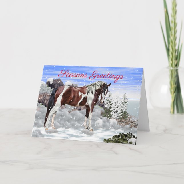 Cartes Pour Fêtes Annuelles Cheval de peinture tobiano bai et blanc dans la ne (Devant)