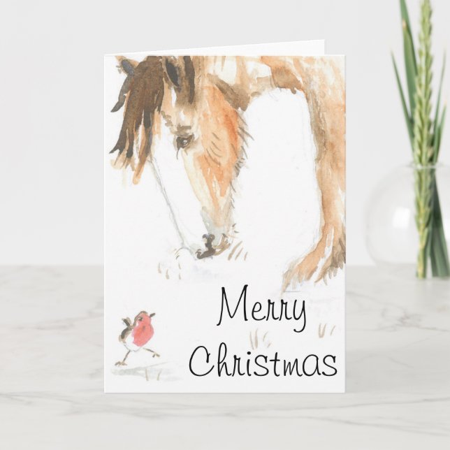 Cartes Pour Fêtes Annuelles Cheval et robin le matin de Noël (Devant)