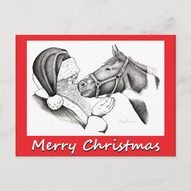 Cartes Pour Fêtes Annuelles Cheval et Saanta Claus de Noël (Devant)