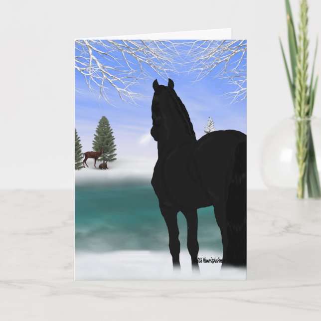 Cartes Pour Fêtes Annuelles Cheval friésien à Noël hivernal (Devant)