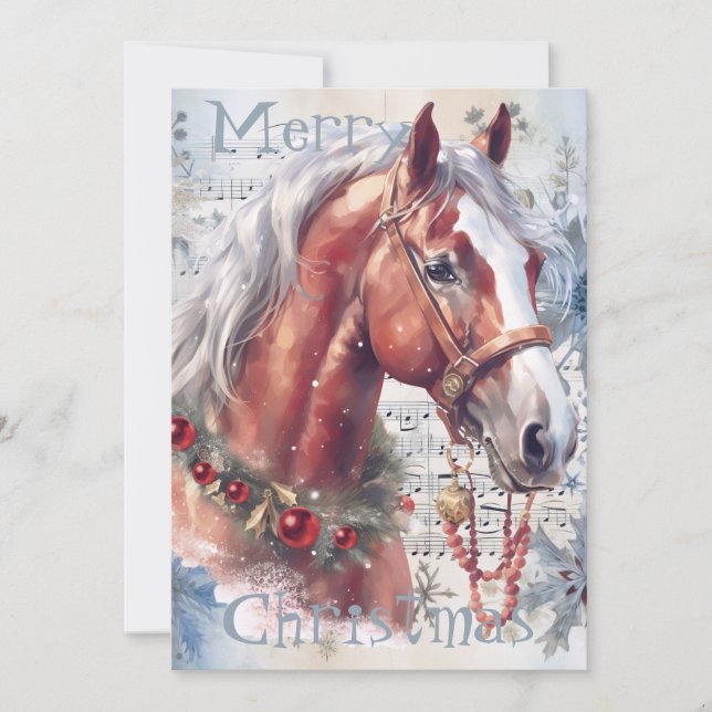 Cartes Pour Fêtes Annuelles Cheval hiver Aquarelle de Noël (Devant)