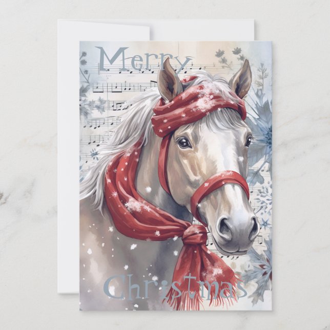 Cartes Pour Fêtes Annuelles Cheval hiver Aquarelle de Noël (Devant)