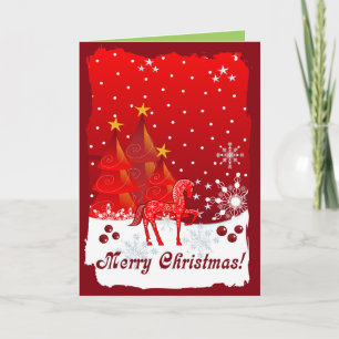 Cartes Pour Fêtes Annuelles Cheval mignon, Snowflakes & Xmas Trees sur mesure