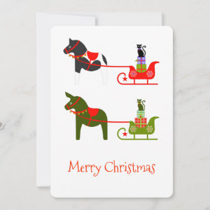 Cartes Pour Fêtes Annuelles Cheval Mulet Chat Traîneau en vert et rouge