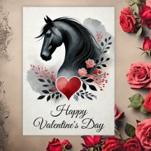 Cheval noir avec coeur et fleurs Saint Valentin