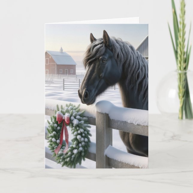 Cartes Pour Fêtes Annuelles Cheval noir avec une couronne de Noël enneigée (Devant)