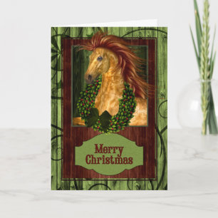 Cartes Pour Fêtes Annuelles Cheval occidental de Noël avec bois d'écorce vert
