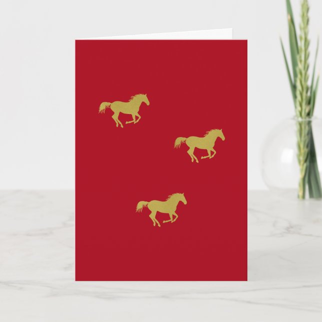 Cartes Pour Fêtes Annuelles Chevaux au galop dorés sur fond rouge foncé (Devant)