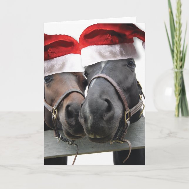 Cartes Pour Fêtes Annuelles Chevaux de Noël avec chapeau de Père Noël (Devant)