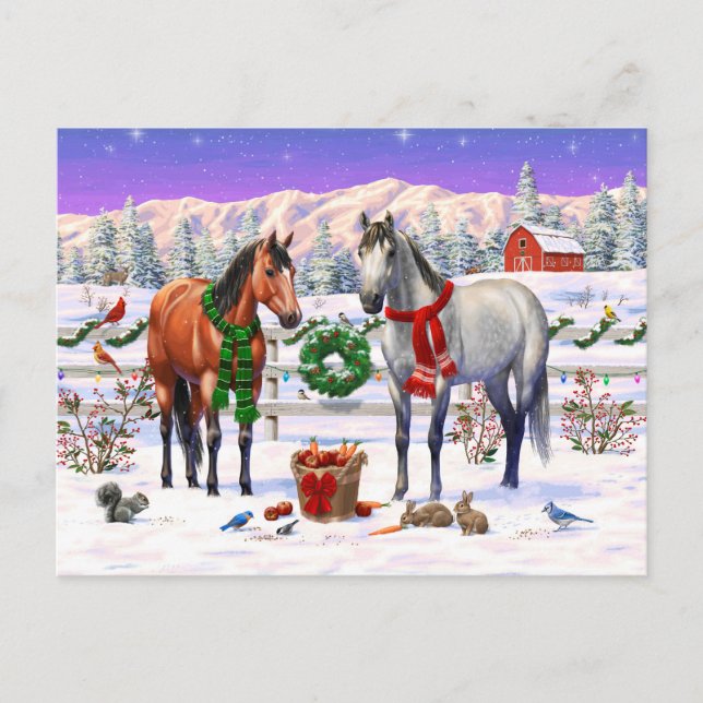 Cartes Pour Fêtes Annuelles Chevaux de Noël en neige (Devant)