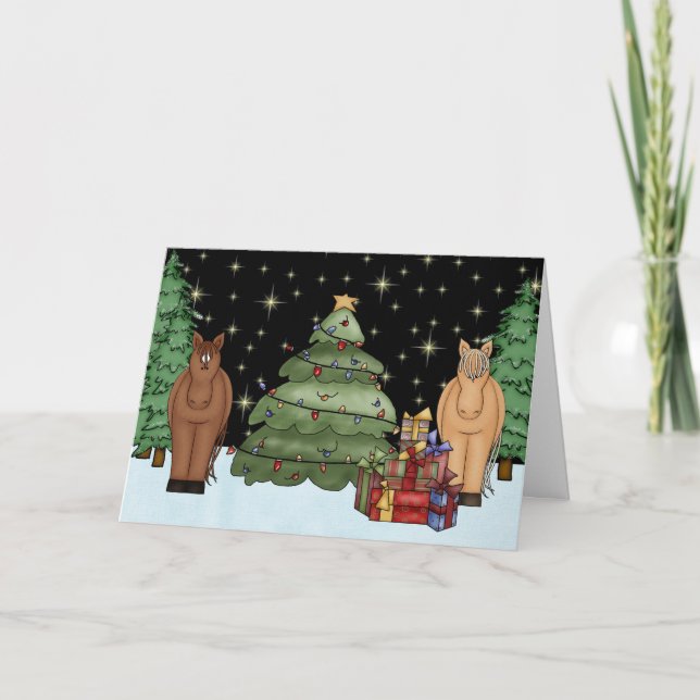 Cartes Pour Fêtes Annuelles Chevaux de nuit, Arbre de Noël et Cadeaux (Devant)