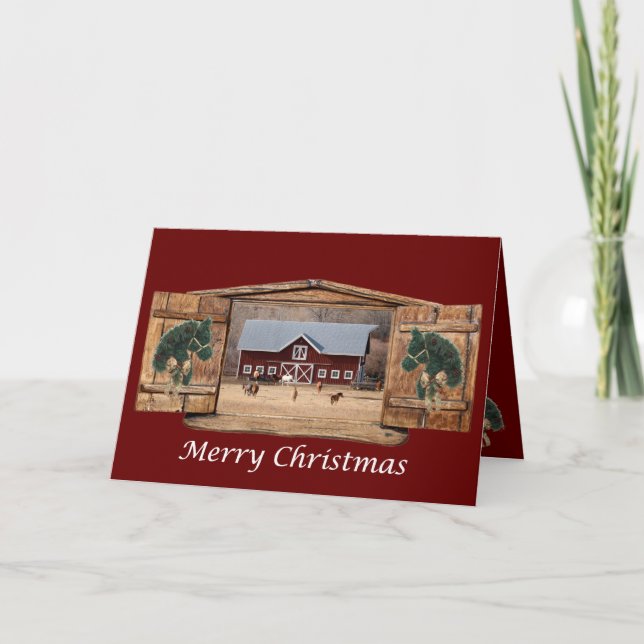 Cartes Pour Fêtes Annuelles Chevaux et Grange Joyeux Noël (Devant)