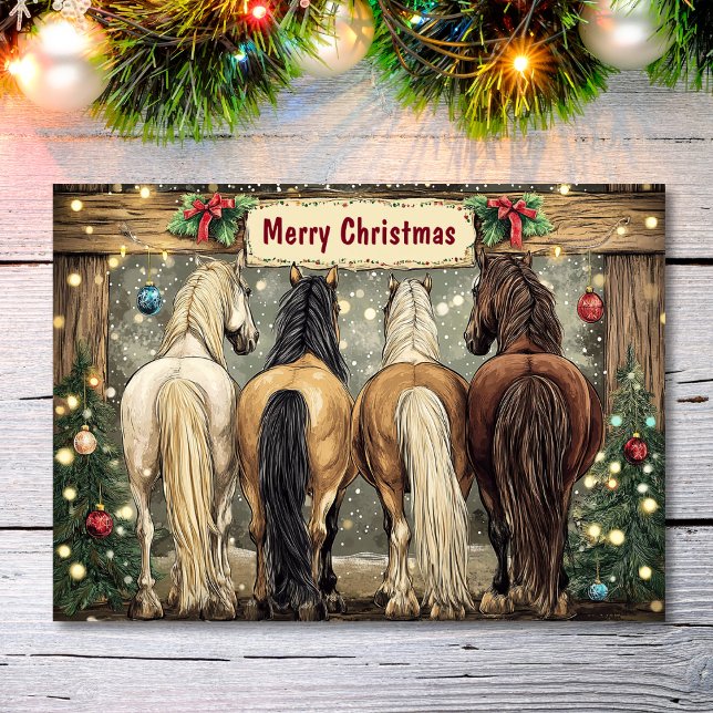 Cartes Pour Fêtes Annuelles Chevaux Fantaisistes avec des Arbres de Noël Festi (Front - Whimsical Horses with Festive Christmas Trees Holiday Card)