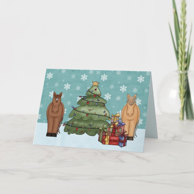 Cartes Pour Fêtes Annuelles Chevaux mignons avec arbre de Noël et cadeaux (Devant)