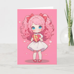 Cartes Pour Fêtes Annuelles Chibi Anime fille rose amour