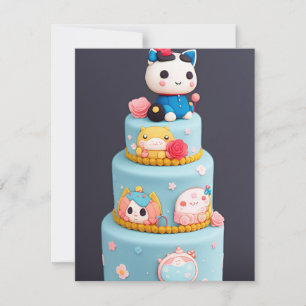 Cartes Pour Fêtes Annuelles Chibi mignon chatte chat bleu jaune gâteau d'anniv