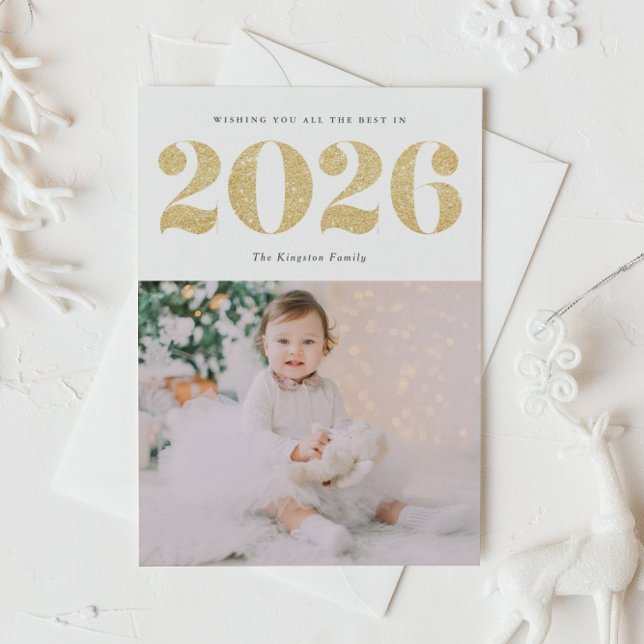 Cartes Pour Fêtes Annuelles Chic 2022 Parties scintillant d'or Bonne année pho (Customizable photo 2026 Happy New Year card featuring festive faux gold foil glitter.)