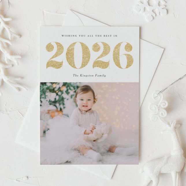 Cartes Pour Fêtes Annuelles Chic 2022 Parties scintillant d'or Bonne année pho (Customizable photo New Year postcard featuring 2026 in faux gold glitter.)