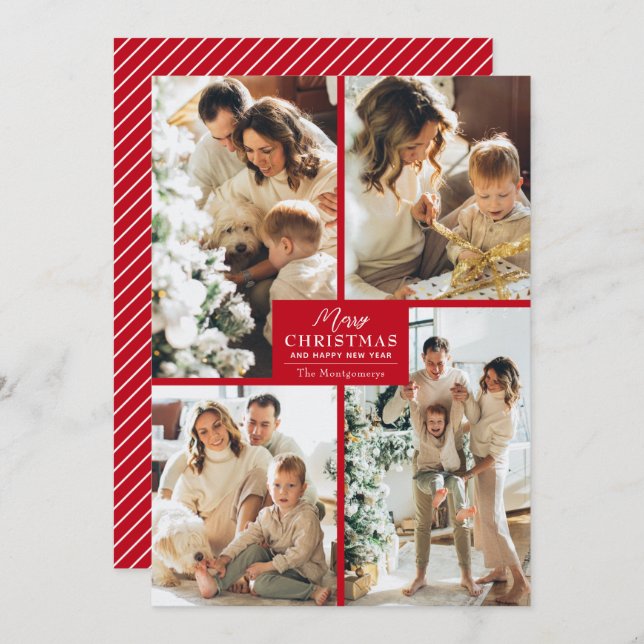 Cartes Pour Fêtes Annuelles Chic 4 Photo Collage Red Merry Christmas (Devant / Derrière)