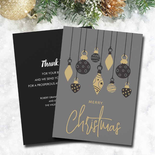 Cartes Pour Fêtes Annuelles Chic Arbre de Noël Ornement Entreprise (Black & gold Christmas tree ornaments on grey business holiday card-PRINTED and/or INSTANT DOWNLOAD)
