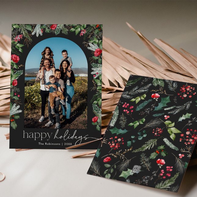 Cartes Pour Fêtes Annuelles Chic Arc Botanique Foncé Floral 1 Photo (Créateur téléchargé)