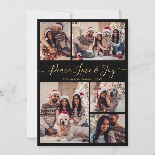 Cartes Pour Fêtes Annuelles Chic Black Gold Peace Love and Joy Script 5 Photo (Devant)