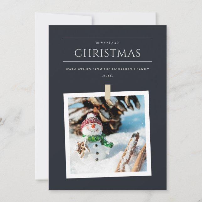 CARTES POUR FÊTES ANNUELLES CHIC BLACK WINTER PHOTO SNOWMAN MERRIEST CHRISTMAS (Devant)