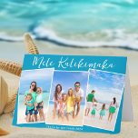Cartes Pour Fêtes Annuelles Chic Blue Beach Photo Collage Famille Noël<br><div class="desc">Chic bleu personnalisable plage famille photo collage carte de Noël avec vos photos tropicales préférées au soleil. Ajoutez 3 de vos souvenirs de photographie verticale préférés de vos vacances sur l'île à la côte. Belles cartes pliées horizontales de vacances côtières avec un plan photo propre et moderne et joli script...</div>
