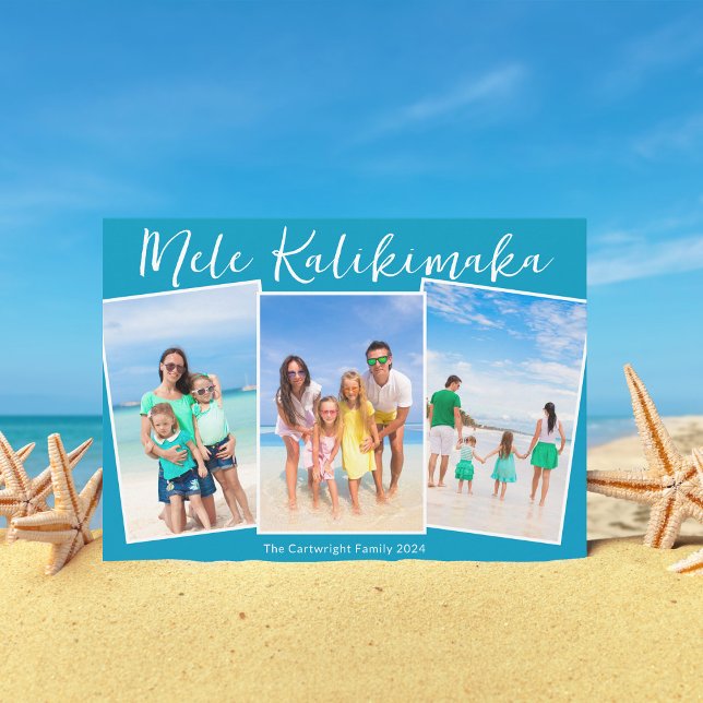 Cartes Pour Fêtes Annuelles Chic Blue Mele Kalikimaka 3 Beach Photo Noël (Créateur téléchargé)