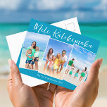 Cartes Pour Fêtes Annuelles Chic Blue Mele Kalikimaka 3 Photo de famille Noël<br><div class="desc">Chic bleu personnalisable plage famille photo collage carte postale de Noël avec vos photos tropicales préférées au soleil. Ajoutez 3 de vos souvenirs de photographie verticale préférés de vos vacances sur l'île à la côte. Belles cartes postales côtières horizontales de vacances avec un plan photo propre et moderne et joli...</div>