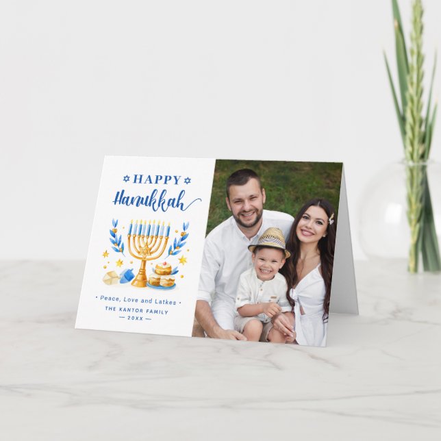 Cartes Pour Fêtes Annuelles Chic Blue Paix Amour Latkes Joyeux Hanukkah Photo (Devant)