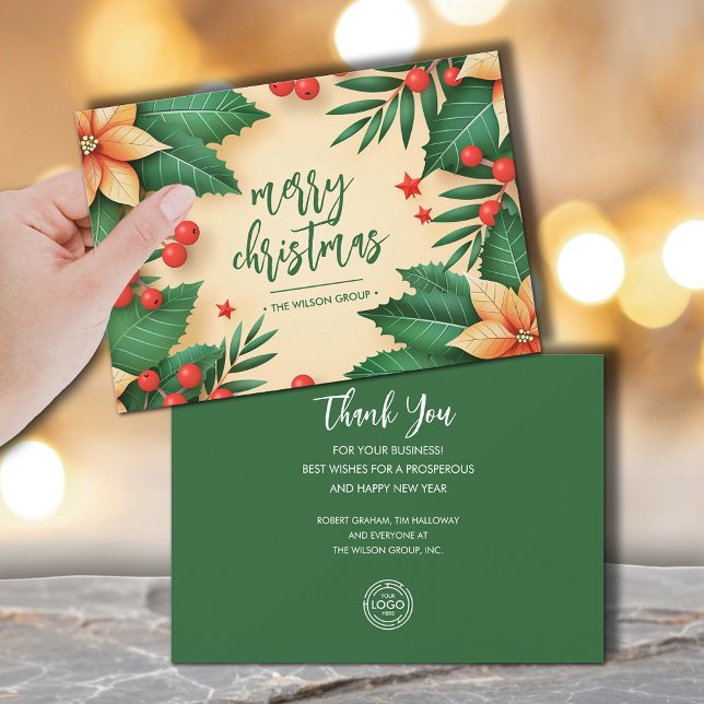 Cartes Pour Fêtes Annuelles Chic Christmas Poinsettias Business Logo (Chic Christmas poinsettias business logo flat holiday cards, PRINTED and/or INSTANT DOWNLOAD)