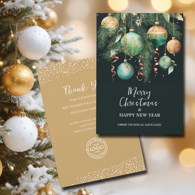 Cartes Pour Fêtes Annuelles Chic Christmas Tree Ornaments Business (Tree ornaments Merry Christmas business logo customer thank you holiday cards)