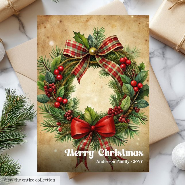 Cartes Pour Fêtes Annuelles Chic Christmas wreath classic holly berries (Chic Christmas bells classic holly berries greeting)