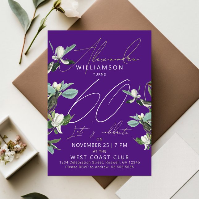 Cartes Pour Fêtes Annuelles Chic Design Violet Et Blanc Soixante Floral Modern (Créateur téléchargé)