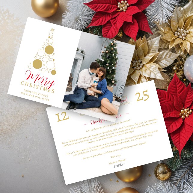 Cartes Pour Fêtes Annuelles Chic Elegant Modern Wedding Christmas Tree Photo (Elegant Modern Wedding Christmas Tree Photo in Red and Fake Gold Holiday Cards as a Save the Dates)