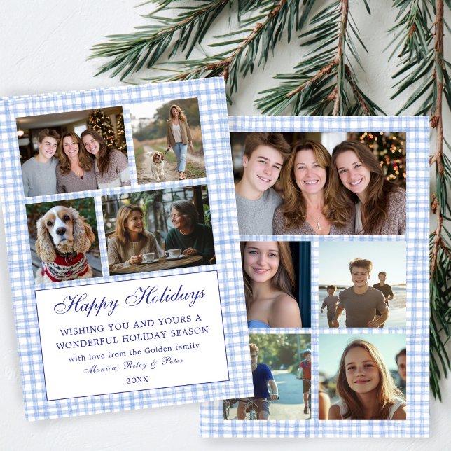 Cartes Pour Fêtes Annuelles Chic En vichy Christmas Custom 9 Photo Collage Ble (Chic Preppy Cute Gingham Christmas Hanukkah Custom 9 Photo Collage Blue White Holiday Card
)