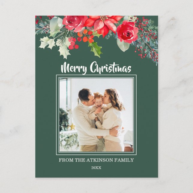 Cartes Pour Fêtes Annuelles Chic Floral Aquarelle Poinsettia Photo Noël (Devant)