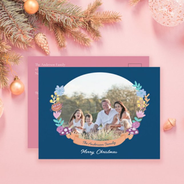 Cartes Pour Fêtes Annuelles Chic Floral Wreath Bleu foncé Photo Noël (Créateur téléchargé)