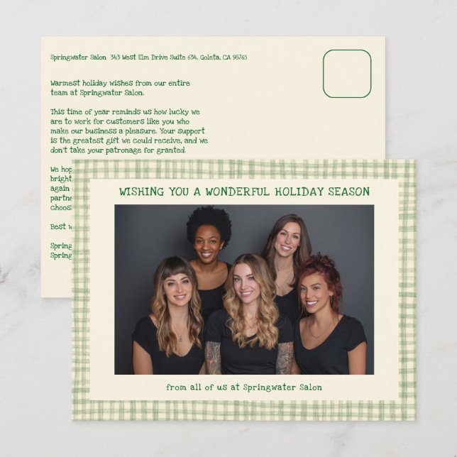 Cartes Pour Fêtes Annuelles Chic Gingham Green Christmas Custom Business  (Devant / Derrière)