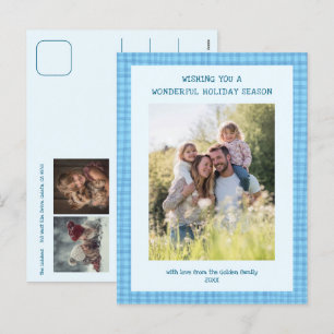 Cartes Pour Fêtes Annuelles Chic Gingham Noël Bleu Personnalisé 3 Photo