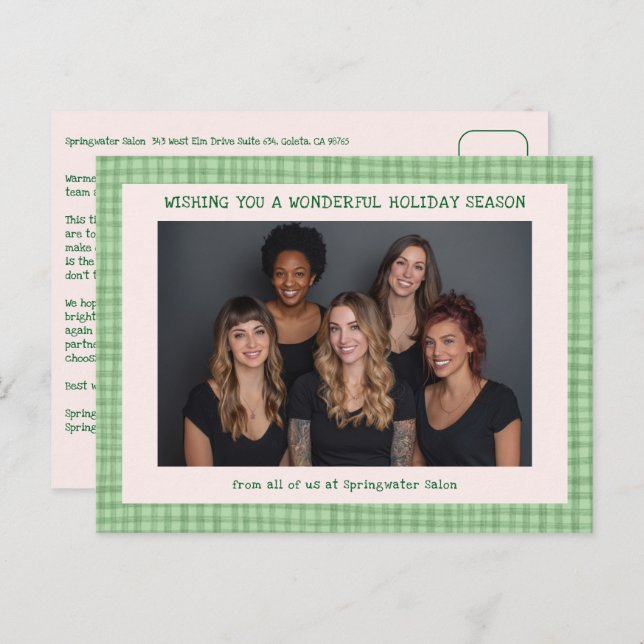 Cartes Pour Fêtes Annuelles Chic Gingham Pink Green Christmas Custom Business  (Devant / Derrière)