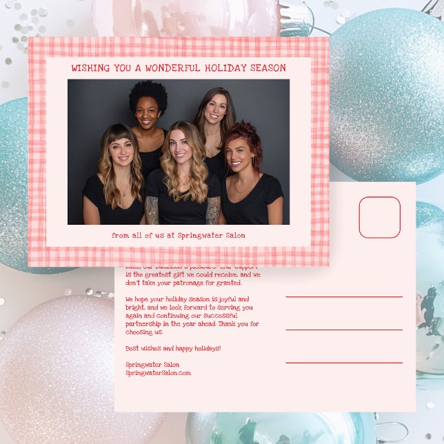Cartes Pour Fêtes Annuelles Chic Gingham Pink Red Christmas Custom Business  (Chic Gingham Pink Red Christmas Custom Photo Business Salon Cute Holiday Postcard
)