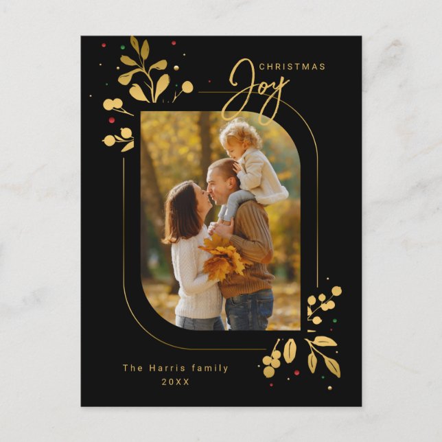 Cartes Pour Fêtes Annuelles Chic Glam Gold Feuilles Joie Calligraphie Photo (Devant)