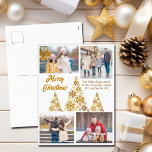 Cartes Pour Fêtes Annuelles Chic Gold Joyeux Arbres de Noël Photo Collage<br><div class="desc">Une carte postale de Noël en or chic avec votre collage photo de famille autour d'un bel arbre en flocons de neige dorés avec Joyeux Noël sur le devant en cursive. Personnalisez avec vos 4 photos d'enfants préférées sur cette carte de vacances branchée aux flocons de neige.</div>