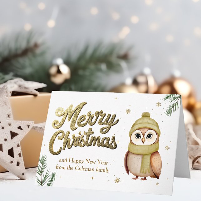 Cartes Pour Fêtes Annuelles Chic Gold Joyeux Chouette de Noël Bois (Créateur téléchargé)