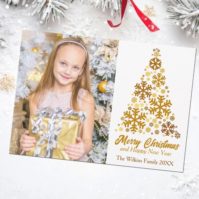 Cartes Pour Fêtes Annuelles Chic Gold Snowflakes Christmas Tree Family Photo (Créateur téléchargé)